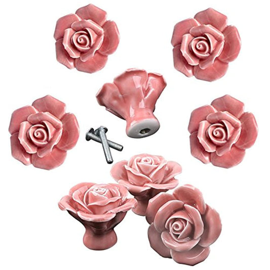 DLD Knobs, 8Pcs Elegant Pink Rose Pulls Flower Ceramic Cabinet Knobs Cupboard Drawer Pull Handles + Scre.