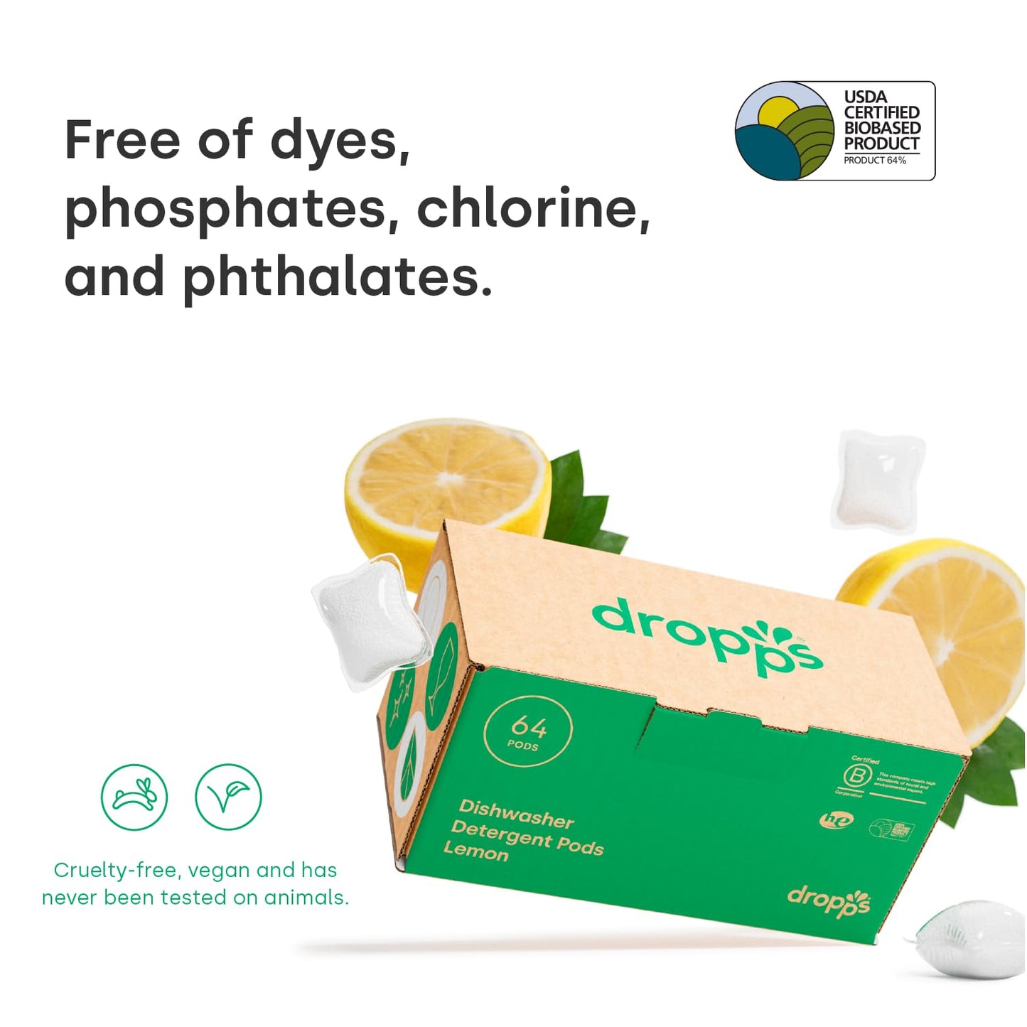 Dropps Dishwasher Detergent | Lemon, 64 Pods | Deep Cleans for Sparkling, Shiny Dishes| Low-Waste Packaging | No Rinse Aid or Pre-Wash Needed | Powered by Natural Mineral-Based Ingredients