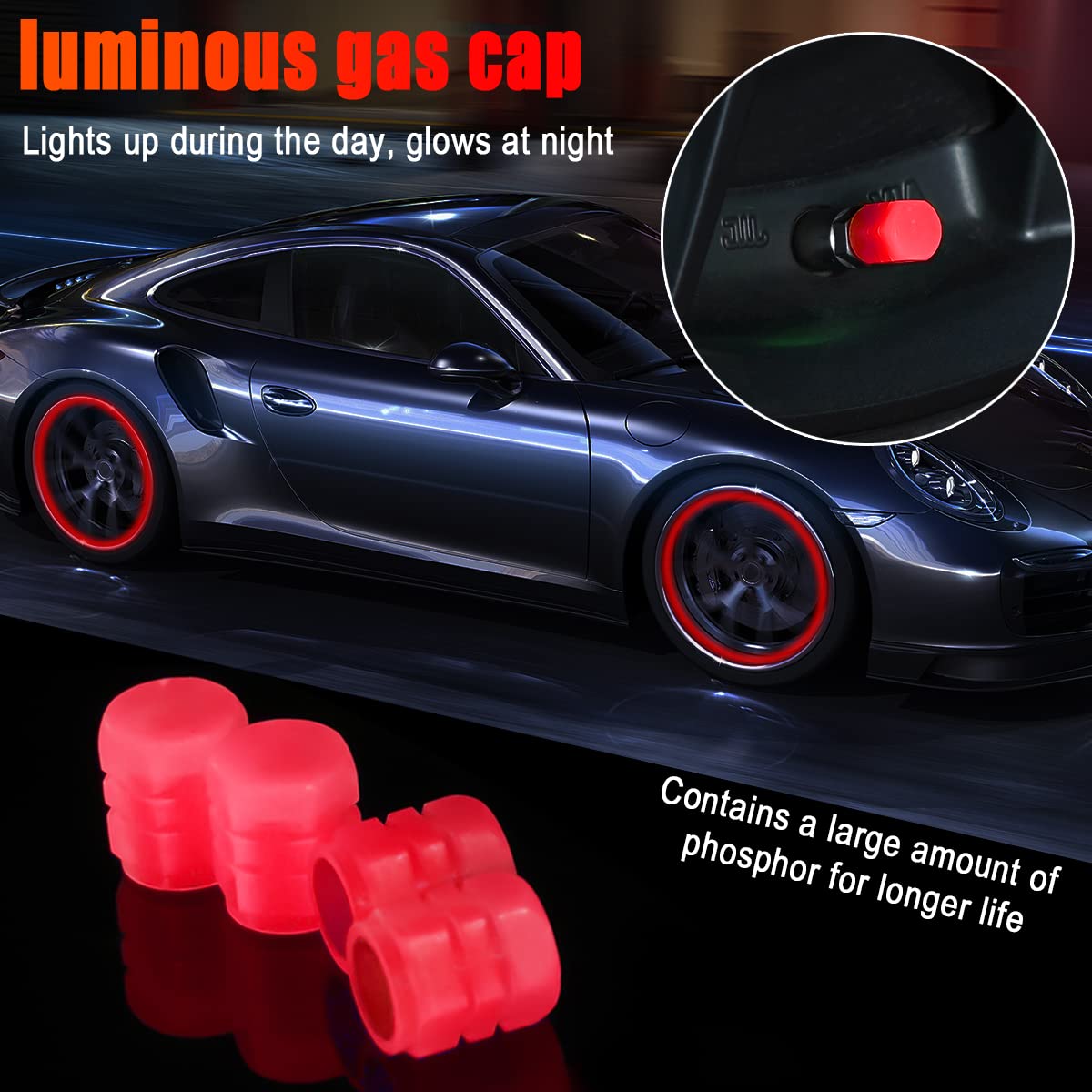 4PCS Fluorescent Car Tire Valve Stem Caps, Luminous Glow in The Dark Auto Tire Valve Cover, Illuminated Corrosion Resistant, Car Decor Accessories Universal for SUV, Trucks, Cars (Red1)