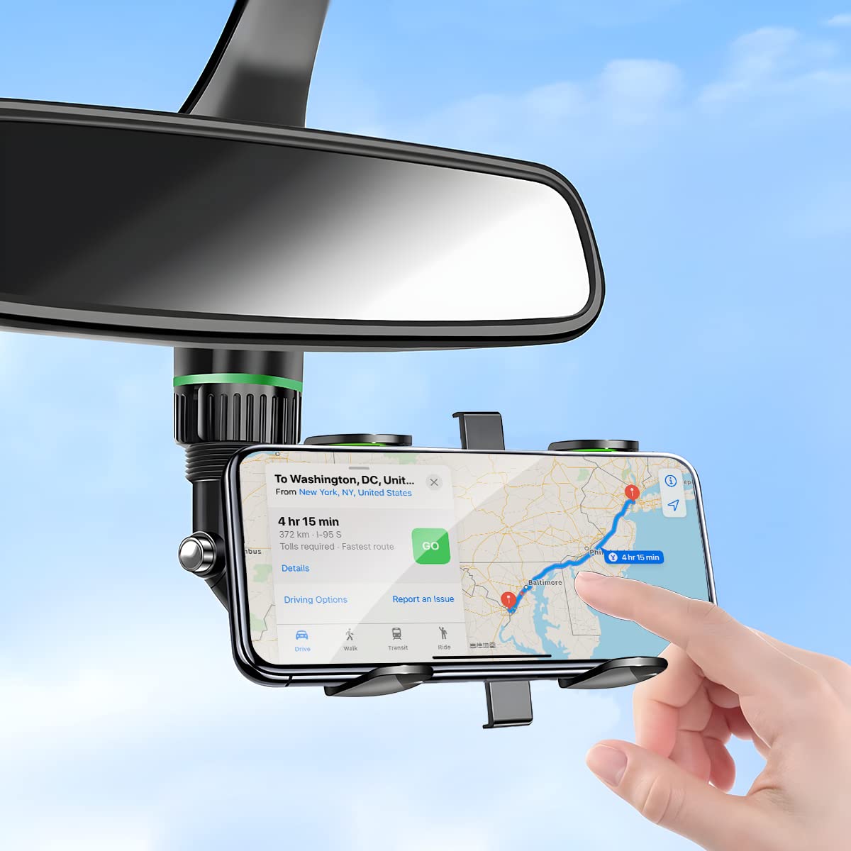 AUKEPO Rearview Mirror Phone Holder, 360° Rotatable and Retractable Car Phone Mount, Multifunctional Rear View Mirror Holder for All Cars, Adjustable Cell Phone Holder for All Smartphones