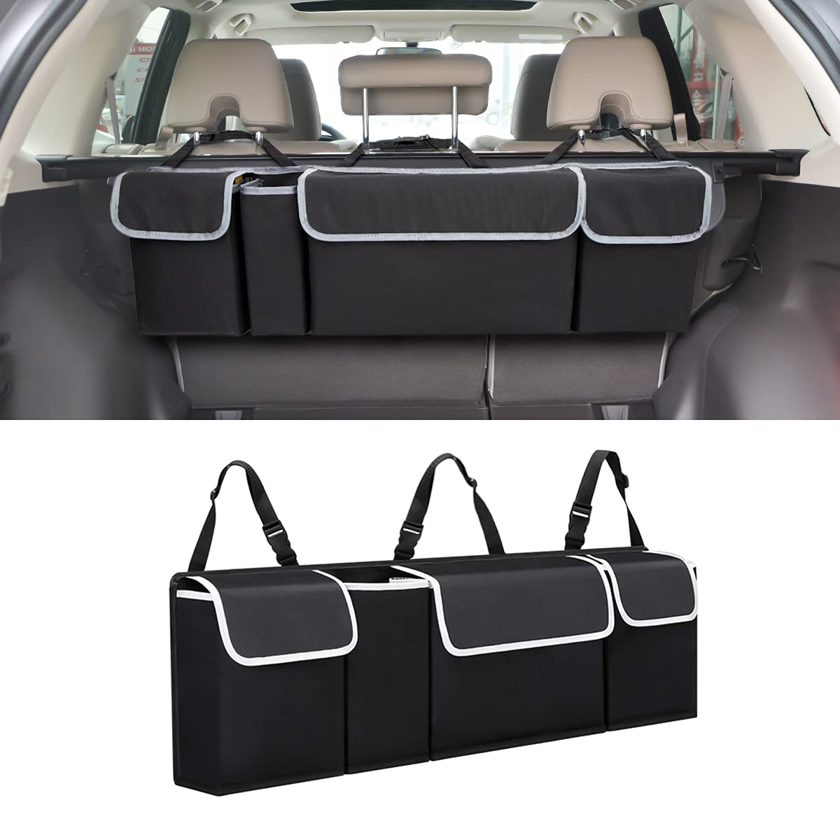 Car Trunk Organizer and Storage, Backseat Hanging Organizer for SUV, Truck, MPV, Waterproof, Collapsible Cargo Storage Bag with 4 Pockets, Car Interior Accessories for Men and Women (Black)