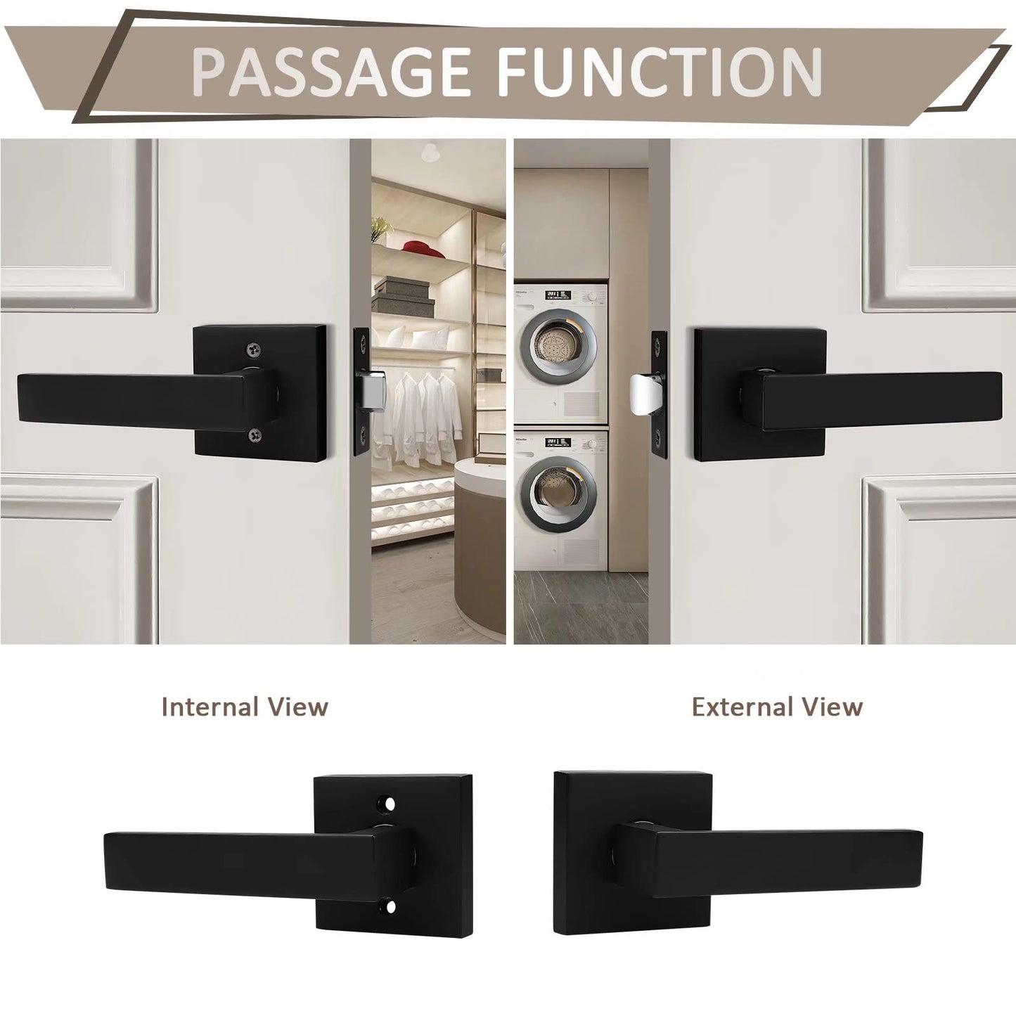 Probrico 5 Pack Square Door Lever Door Lock Handle Lockset Keyless Doorknobs Passage Knobs Lockset Interior Hallway Passage Closet Black