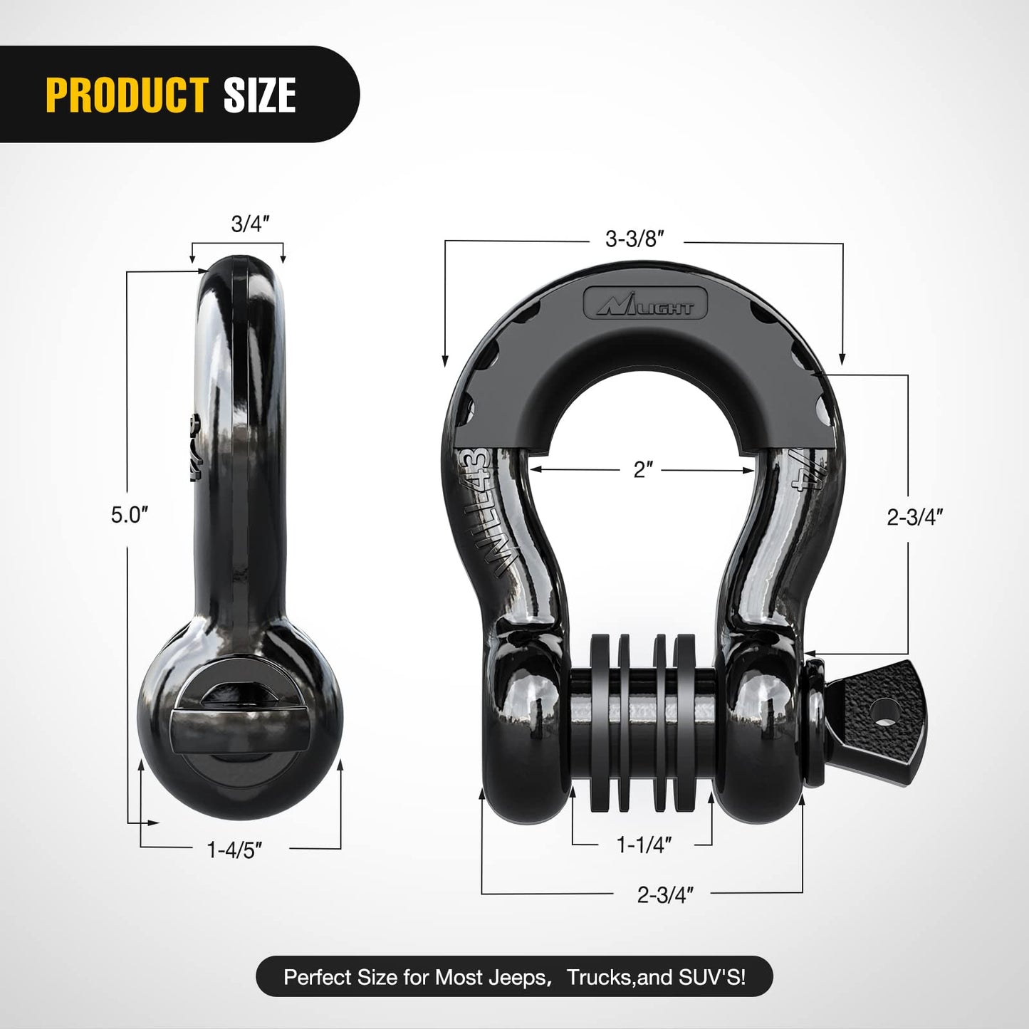 Nilight - 90052B 2 Pack 3/4" D-Ring Shackle 4.75 Ton (9500 Lbs) Capacity with 7/8" Pin Heavy Duty Off Road Recovery Shackle with Isolators & Washer Kit for Jeep Truck Vehicle