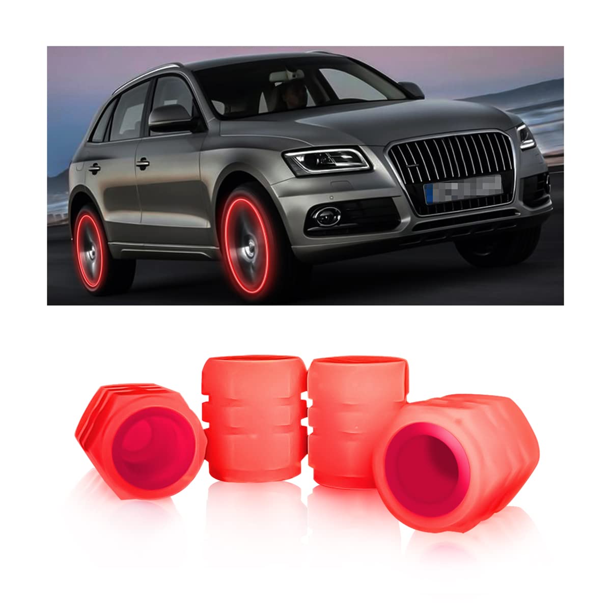 4PCS Fluorescent Car Tire Valve Stem Caps, Luminous Glow in The Dark Auto Tire Valve Cover, Illuminated Corrosion Resistant, Car Decor Accessories Universal for SUV, Trucks, Cars (Red1)