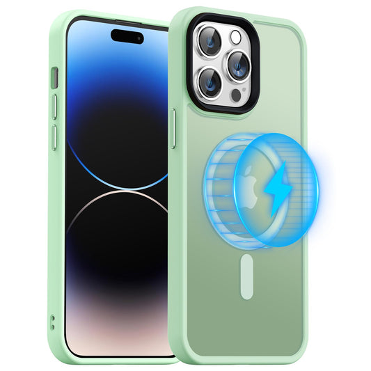 Meifigno Magic Mag Series for iPhone 14 Pro Max Case, [Military Grade Protection & Compatible with MagSafe], Translucent Matte Back with Aluminum Alloy Keys for iPhone 14 Pro Max 6.7", Matcha Green