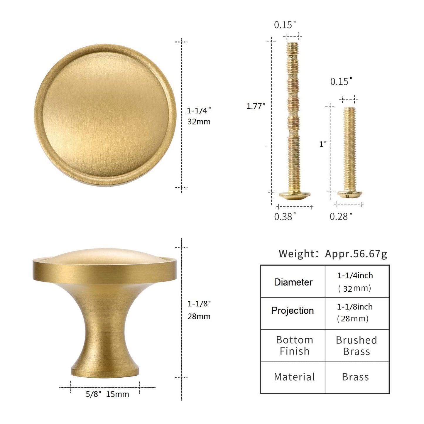 SNBTLA Solid Brass Dresser-Cabinet Knobs - 5 Pack 1-1/4 Inch Diameter Brushed Gold Handles Hardware for Drawer Kitchen Bedroom Bathroom