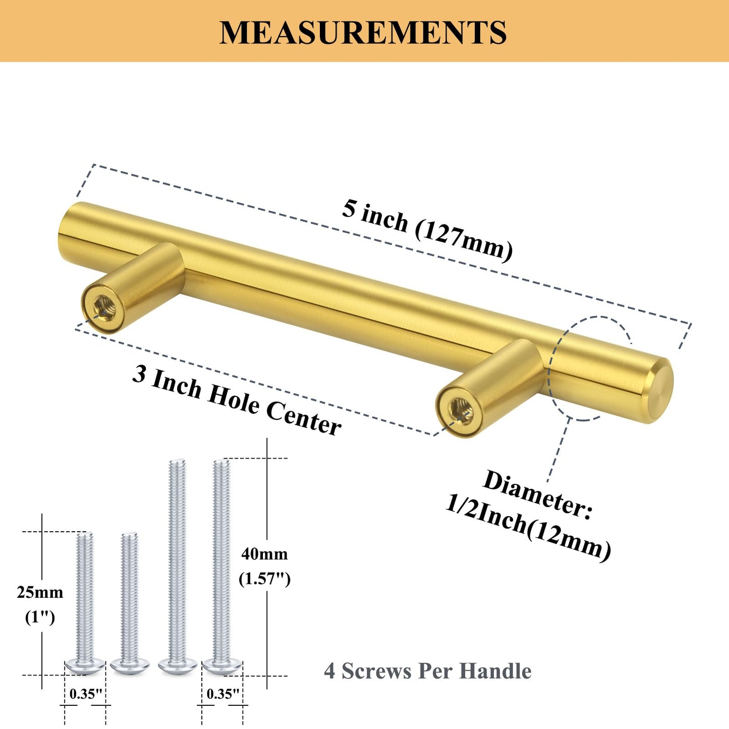 Plustool 30Pack 3''Hole Centers Gold Cabinet Handles-Brushed Brass Cabinet Pulls Gold Dresser Drawer Pulls-Stainless Steel Door Hardware for Kitchen Bathroom Bedroom Furniture-5''Overall Length