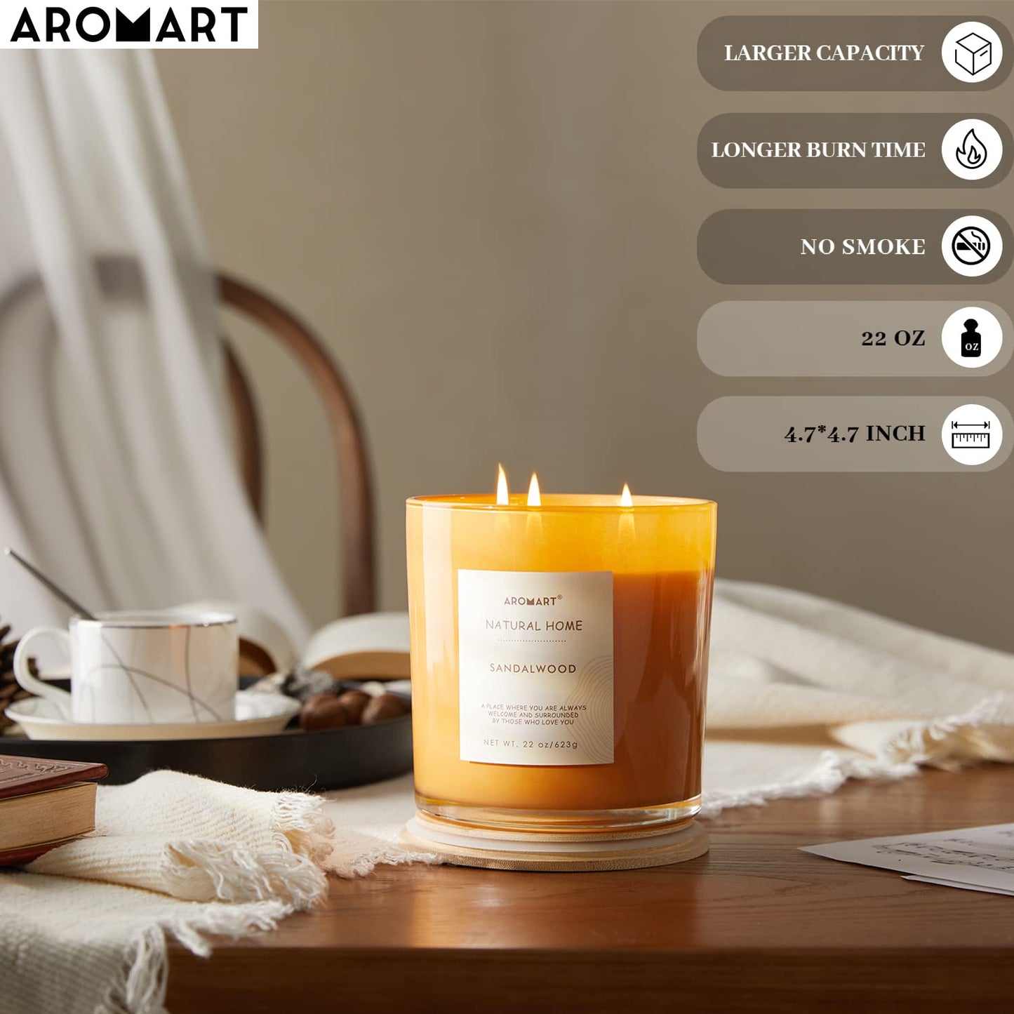 AROMART 3 Wick Large Scented Candles 22 Oz,Sandalwood Aromatherapy Candles for Home Scented, Soy Candles with 8% Essential Oils,Long Burning,Soy Wax Candles Gifts for Women Men