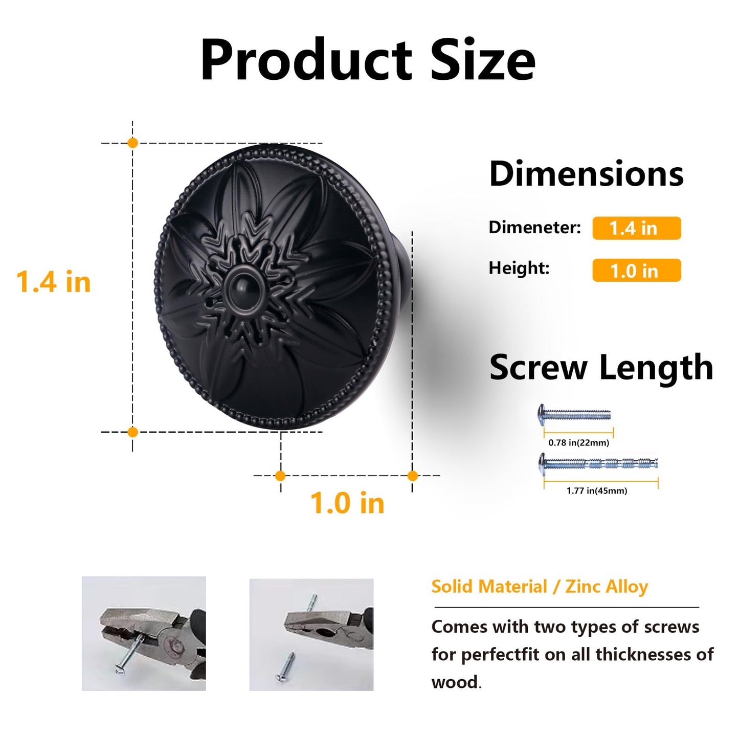 12 Pack - Matte Black Cabinet Hardware Knob Round,1-2/5” Dia Bathroom Kitchen Cabinet Drawers bi-fold Knobs Black,Kitchen Cabinet Drawer Knobs Black Matte Knob for Dresser Drawers