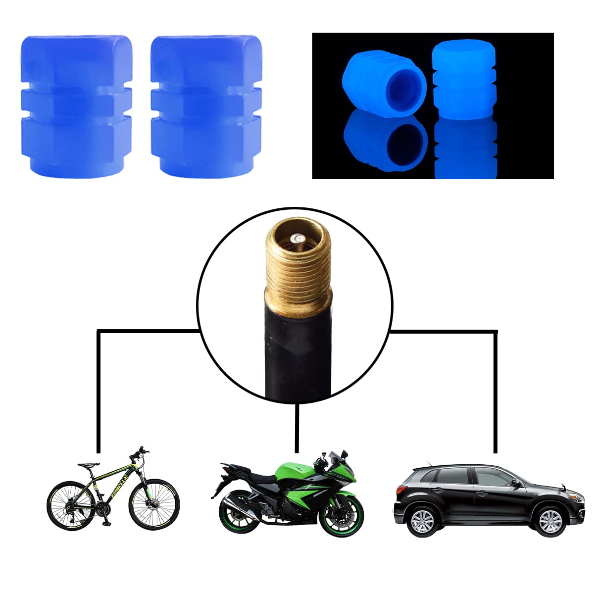 Fluorescent Car Tire Valve Stem Caps, 12PCS Auto Luminous Illuminated Wheel Valve Cover, Corrosion Resistant Glow in The Dark, Car Decor Accessories for Motorcycles, SUV, Trucks, Car (Blue)