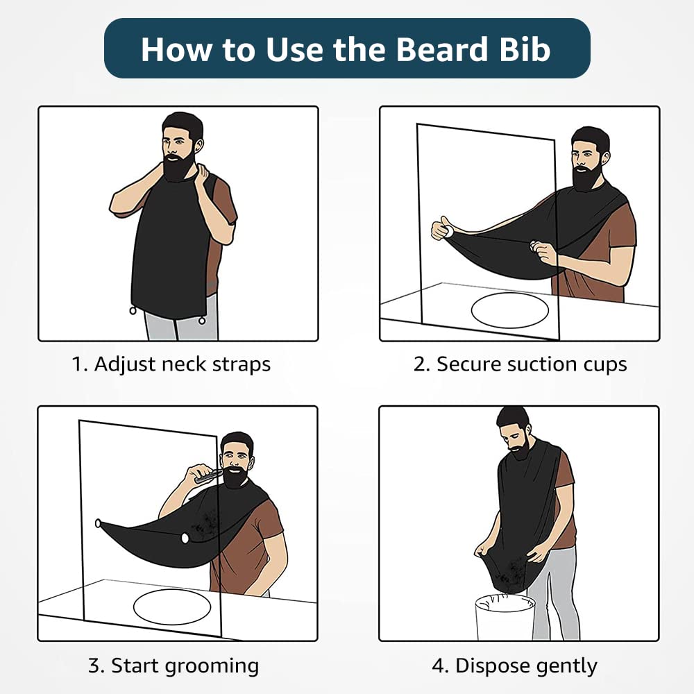 Beard Bib - Men's Beard Hair Catcher for Shaving and Trimming - Non-Stick Beard Trimming Catcher Bib - Beard Bib Apron for Men with Strong Suction Cups - Grooming Gifts for Husband Dad - Black