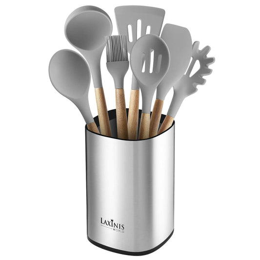 Laxinis World Stainless Steel Kitchen Utensil Holder, Kitchen Caddy, Large Utensil Organizer, Modern Rectangular Design, 6.1” by 5” Utensils Crock (utensils not included)