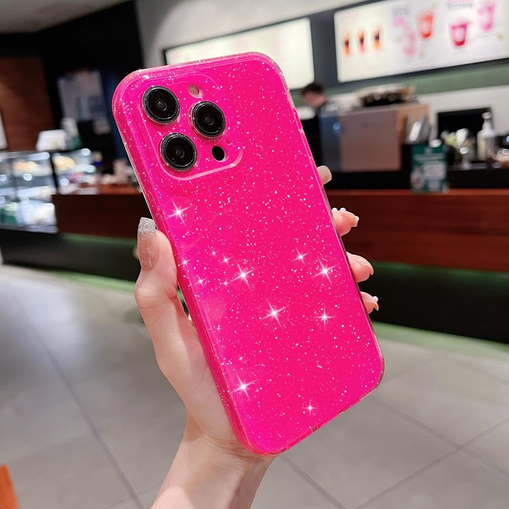 Finyosee Compatible with iPhone 15 Pro Case 6.1 inch(2023 Release), Cute Neon Bright Color,Glitter Bling Thin Slim Shockproof Silicone Sparkly Case, Soft TPU Phone Case for Women Girl-Hot Pink