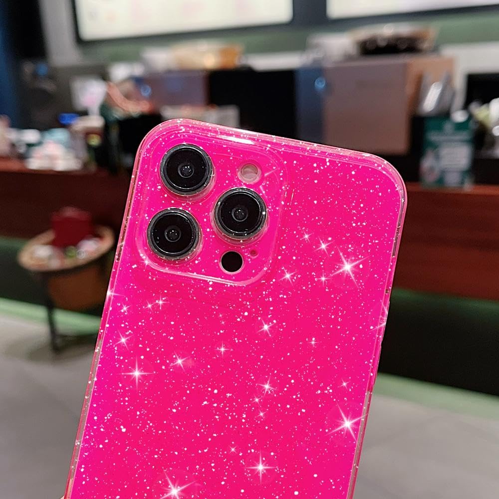 Finyosee Compatible with iPhone 15 Pro Case 6.1 inch(2023 Release), Cute Neon Bright Color,Glitter Bling Thin Slim Shockproof Silicone Sparkly Case, Soft TPU Phone Case for Women Girl-Hot Pink