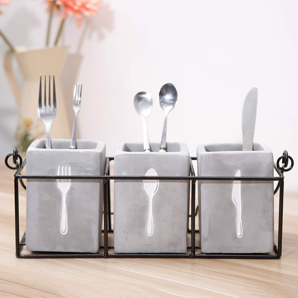 MADECO Kitchen Utensil Holder Set 3 Pieces Cement Utensil Crocks & 1 Portable Wire Caddy - Embossed Design-Organize Your Flatware & Silverware with Ease (Square)