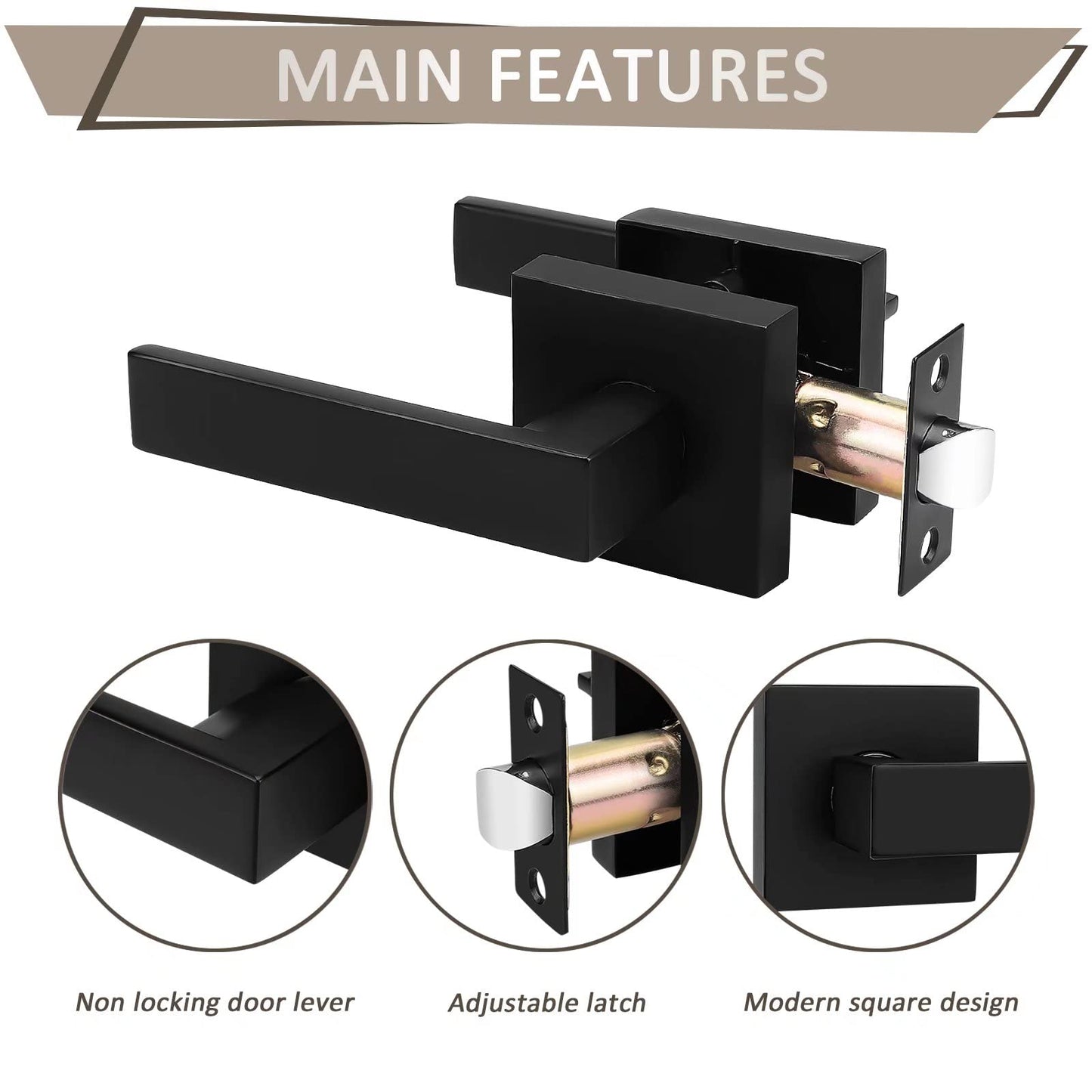 Probrico 5 Pack Square Door Lever Door Lock Handle Lockset Keyless Doorknobs Passage Knobs Lockset Interior Hallway Passage Closet Black