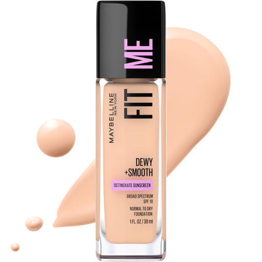 Maybelline Fit Me Dewy + Smooth SPF 18 Liquid Foundation Makeup, Ivory, 1 Count