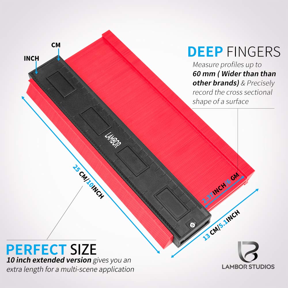 Contour Gauge 10 Inch, Widen Plastic Profile Gauge Duplicator, Precisely Copy Irregular Shapes Wood Template Measuring Tool for Perfect Fit and Easy Cutting (10 Inch Widen-Red)