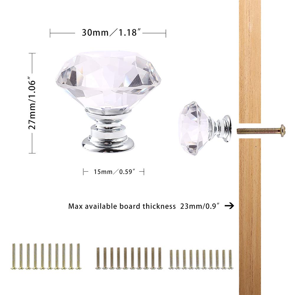 CZC HOME 10 PCS Diamond Crystal Glass Pull Handle Cabinet Knobs Cupboard Drawers Cabinet Dresser Bookcase Wardrobe (30mm, Transparent)