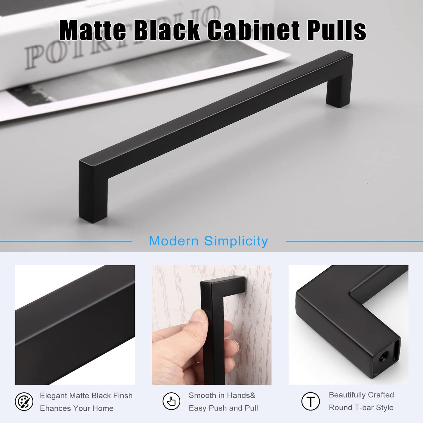 KNOBWELL 30 Pack 8" Black Stainless Steel Cabinet Pulls Kitchen Cabinet Handles Matte Black 7-9/16" Hole Spacing, 8" Overall Length Kitchen Cupboard Handles