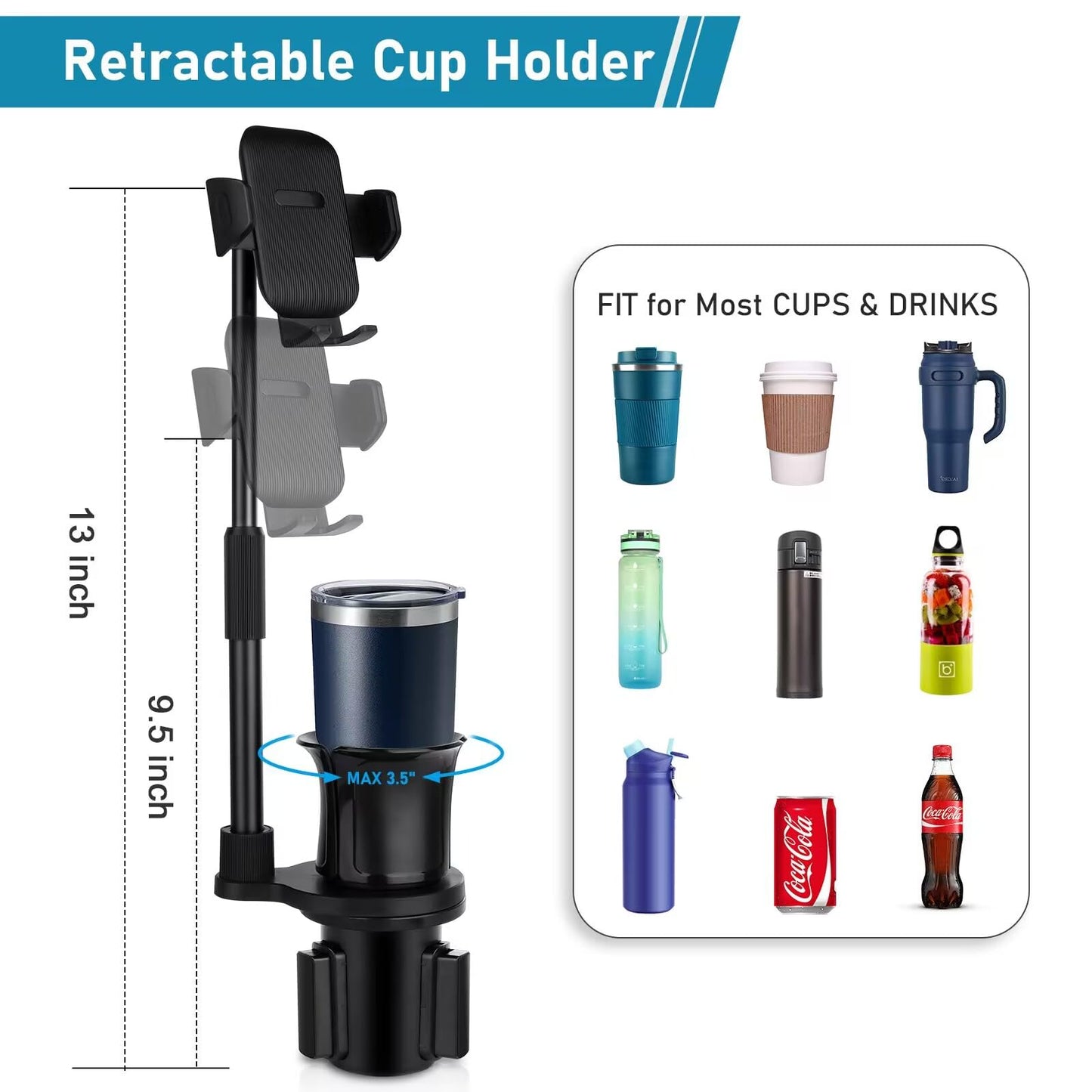 Cup Phone Holder for Car, 2 in 1 Universal Cup Phone Mount for Car, Stretchable Long Neck Car Phone Mount No Shaking 360° Rotation Cup Holder for Car, Track, Compatible with All iPhone Samsung Phones