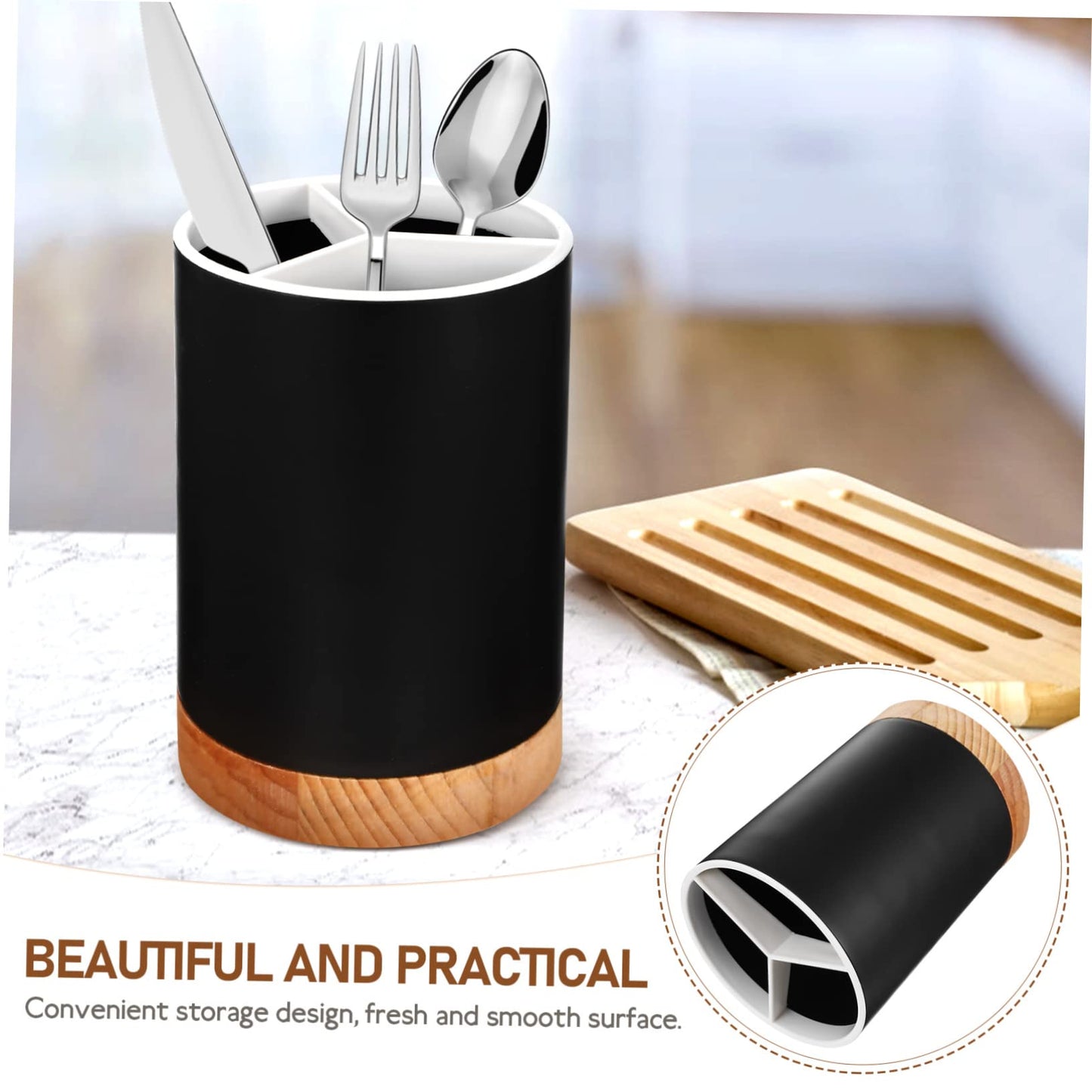 HOMSFOU Cutlery Storage Container Cutlery Holder Black Kitchen Decor Wood Utensil Holder Crock Accessories Black Kitchen Utensils Storage Drawers Organizer Chopstick Draining Holder Metal