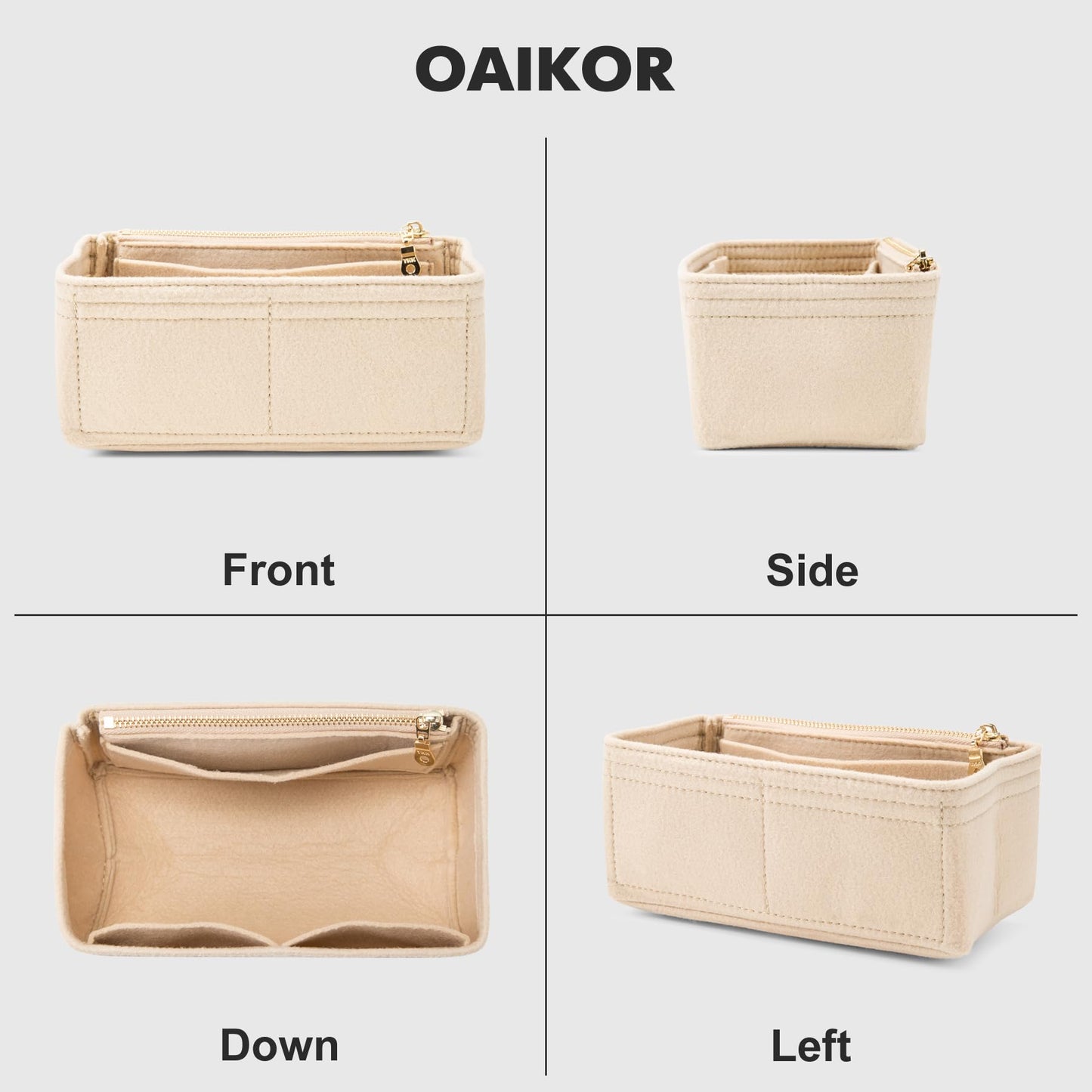 OAikor Felt Purse Organizer Insert for Tote,Bag Organizer Insert with Zippers,Handbag Organizer Fit for LV Nice Mini.（Beige-Felt