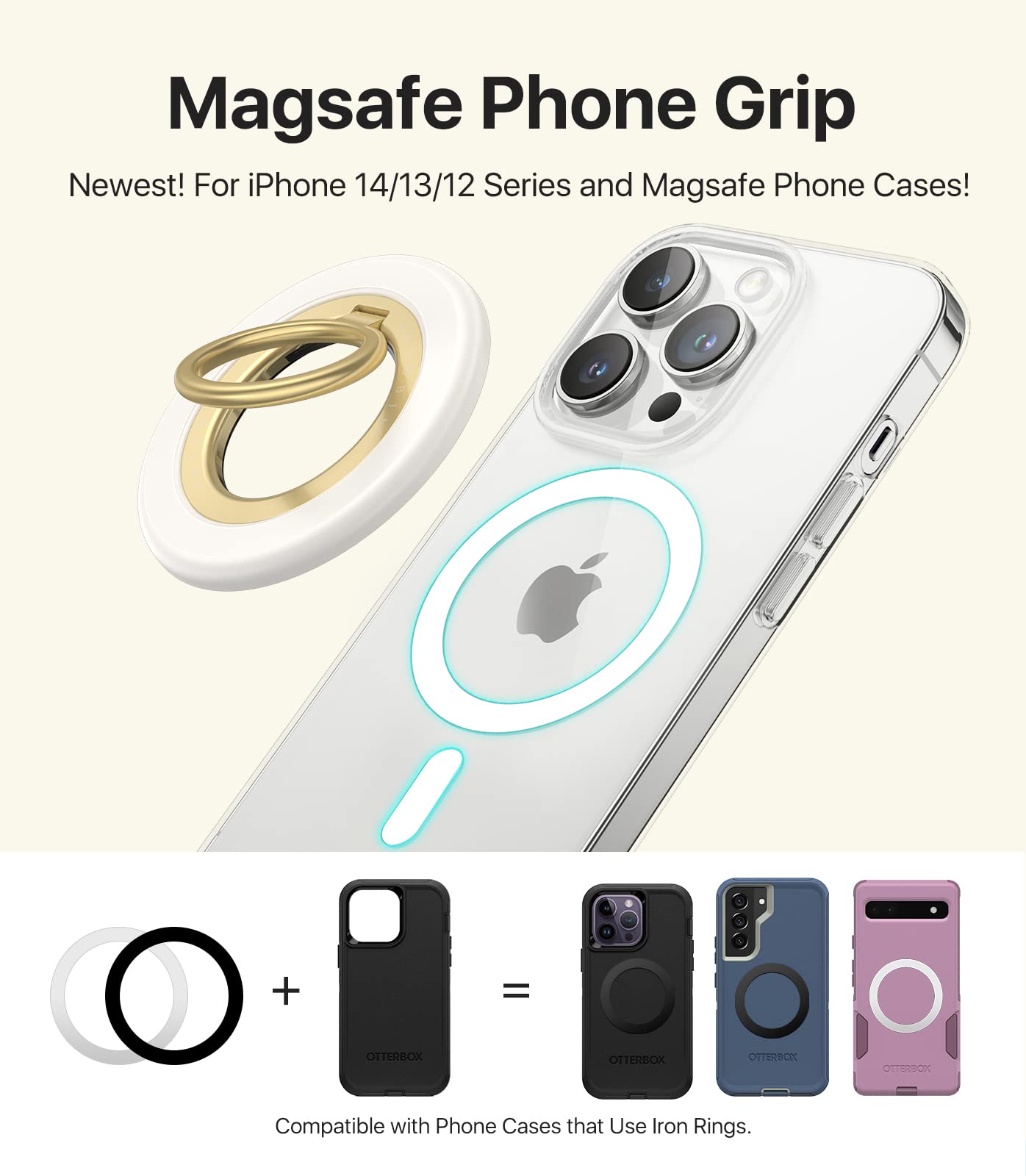 [2023 Newest] andobil Magnetic Phone Grip for MagSafe [Drop Protection] Strong Magnetic Phone Ring Holder Compatible with MagSafe Accessories, iPhone 14 Plus 13 12, Pro, Pro Max, Mini, Silicone, White