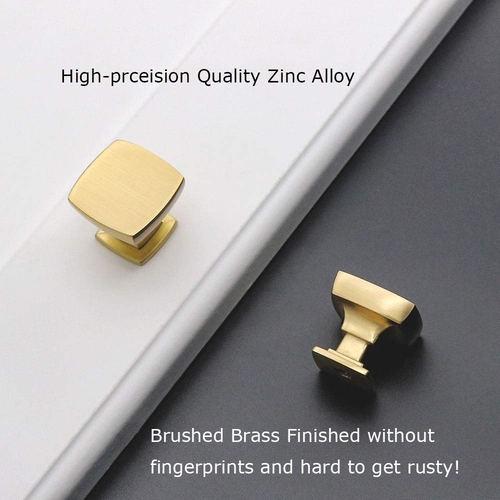 homdiy 10 Pack Brushed Brass Cabinet Knobs Solid Dresser Knobs - Square Drawer Knobs for Dresser Drawers MO9016GD Kitchen Cabinet Hardware