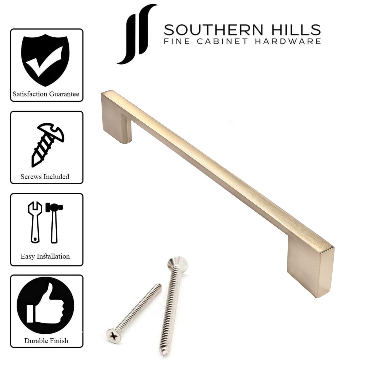 Southern Hills 5pc Brushed Gold Cabinet Pulls, 6.25"(160mm) Screw Spacing - Handles for Cabinets, Champagne Drawer, Dresser Brass Kitchen Hardware