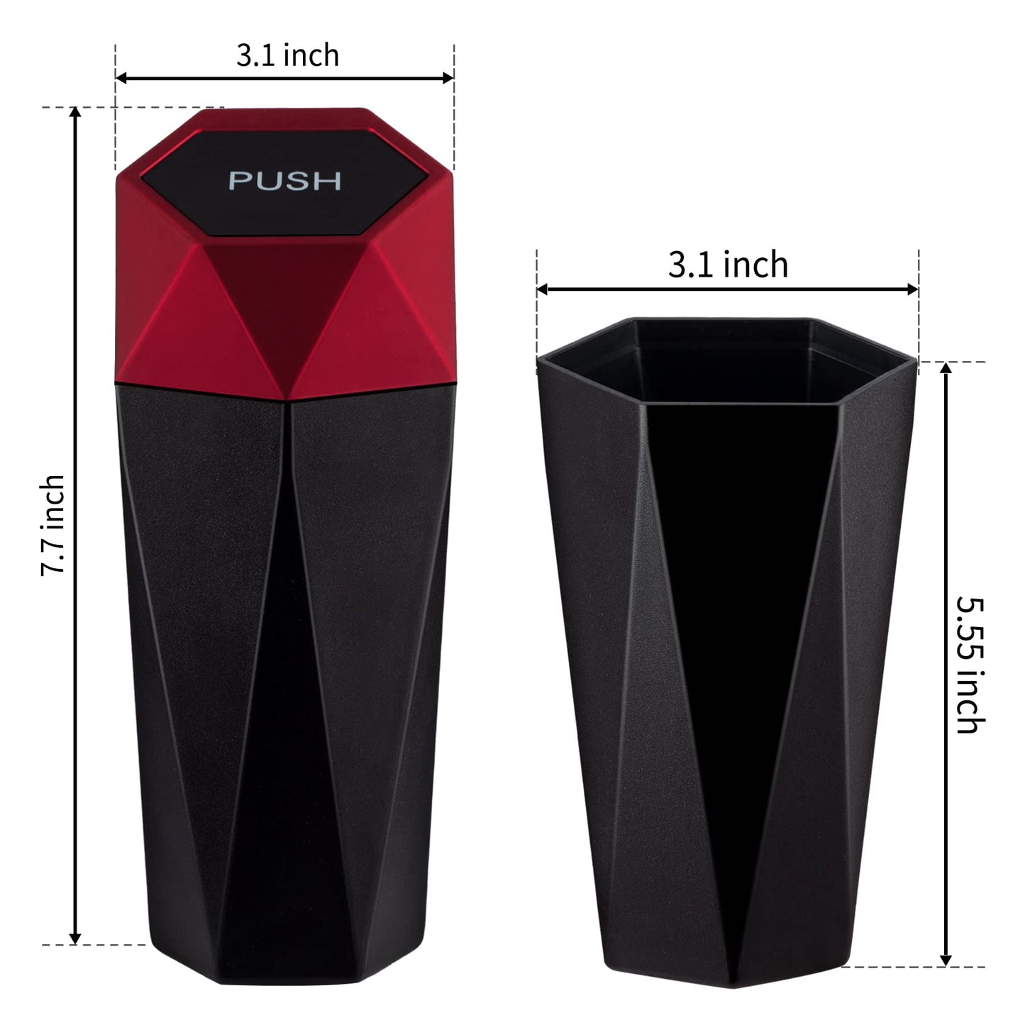 JUSTTOP Car Trash Can with Lid, Diamond Design Small Automatic Portable Trash Can, Easy to Clean, Used in Car Home Office Interior Accessories, 2PCS (Red)