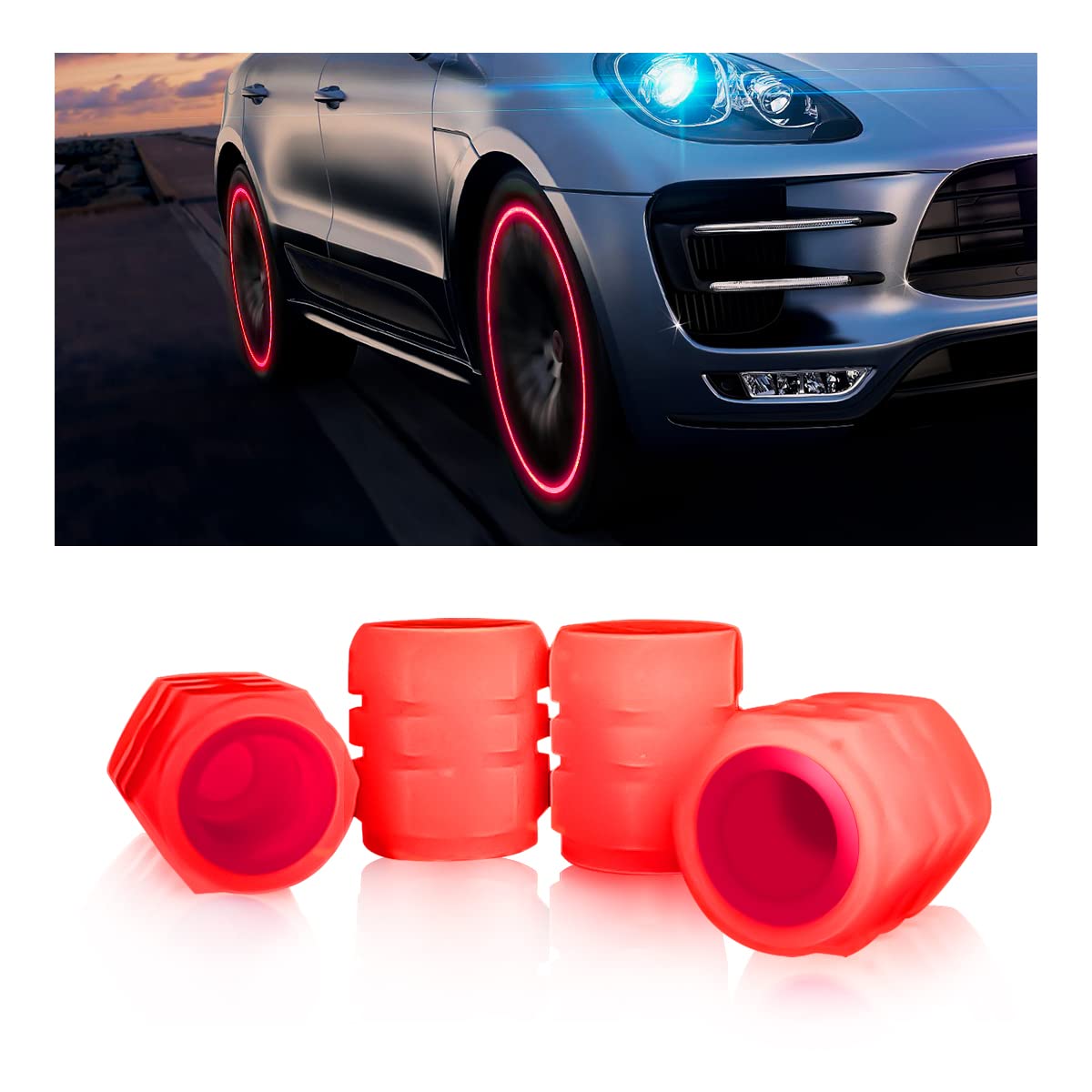 4PCS Fluorescent Car Tire Valve Stem Caps, Luminous Glow in The Dark Auto Tire Valve Cover, Illuminated Corrosion Resistant, Car Decor Accessories Universal for SUV, Trucks, Cars (Red1)