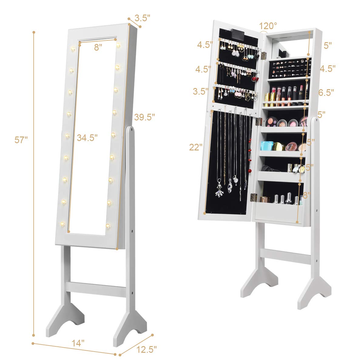 Giantex Standing Jewelry Armoire with 18 LED Lights Around the Door, Large Storage Mirrored Jewelry Cabinet with Full Length Mirror, 16 Lipstick Holders, 1 Inside Makeup Mirror (White)