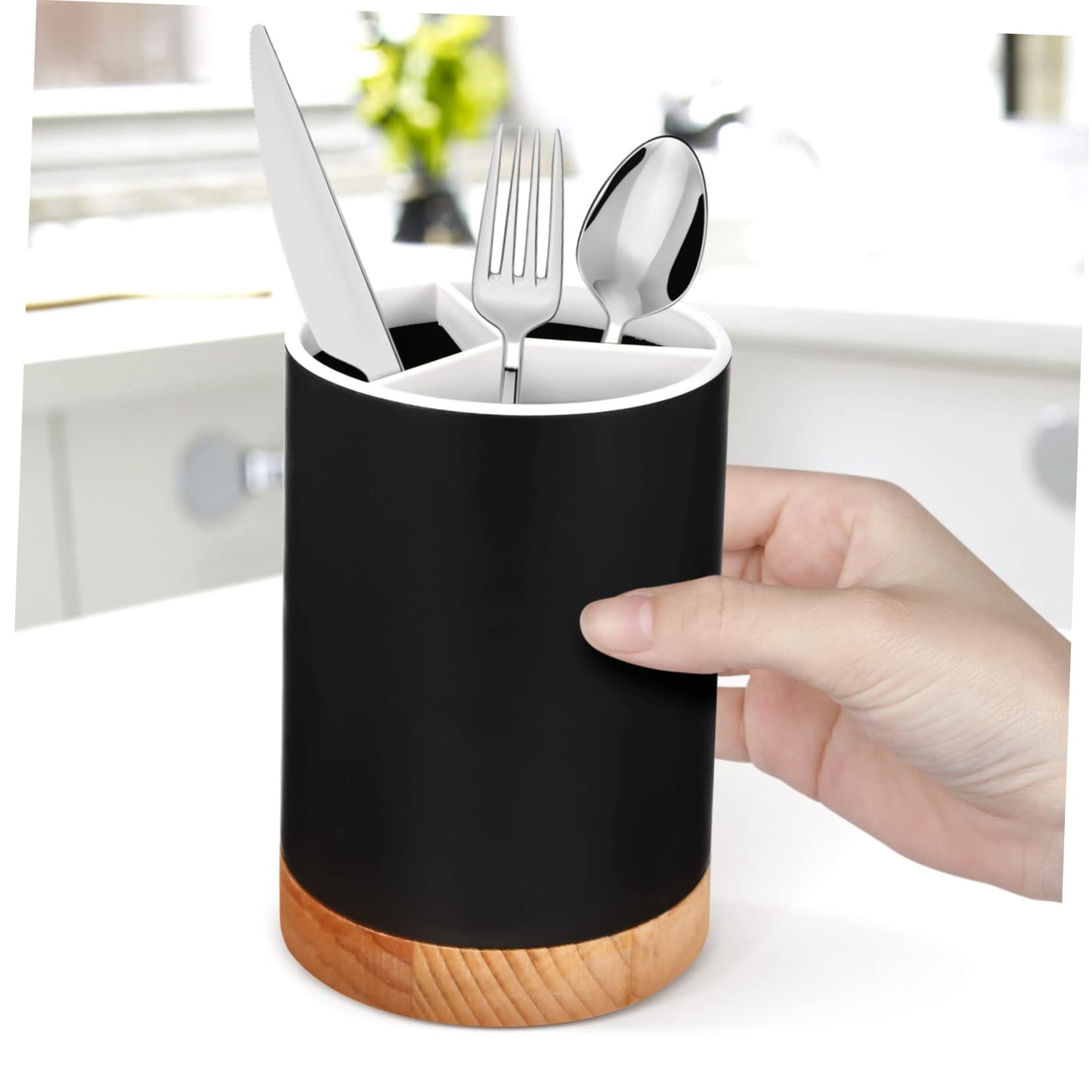 HOMSFOU Cutlery Storage Container Cutlery Holder Black Kitchen Decor Wood Utensil Holder Crock Accessories Black Kitchen Utensils Storage Drawers Organizer Chopstick Draining Holder Metal