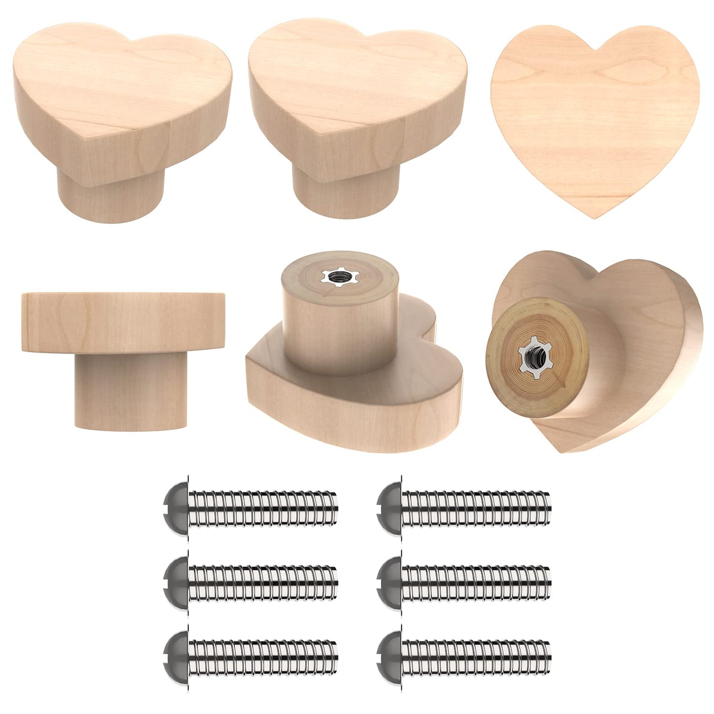 Nuadem Wooden Drawer Knobs 6pcs Heart Shape Cabinet Knobs Natural Handmade Wood Knobs for Dresser Drawers with Screws for Boho Furniture Dresser Handles Kitchen Cabinet Knobs