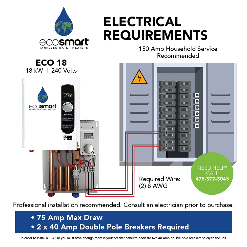 EcoSmart ECO 18 Electric Tankless Water Heater, 18 KW at 240 Volts with Patented Self Modulating Technology , 17 x 14 x 3.5