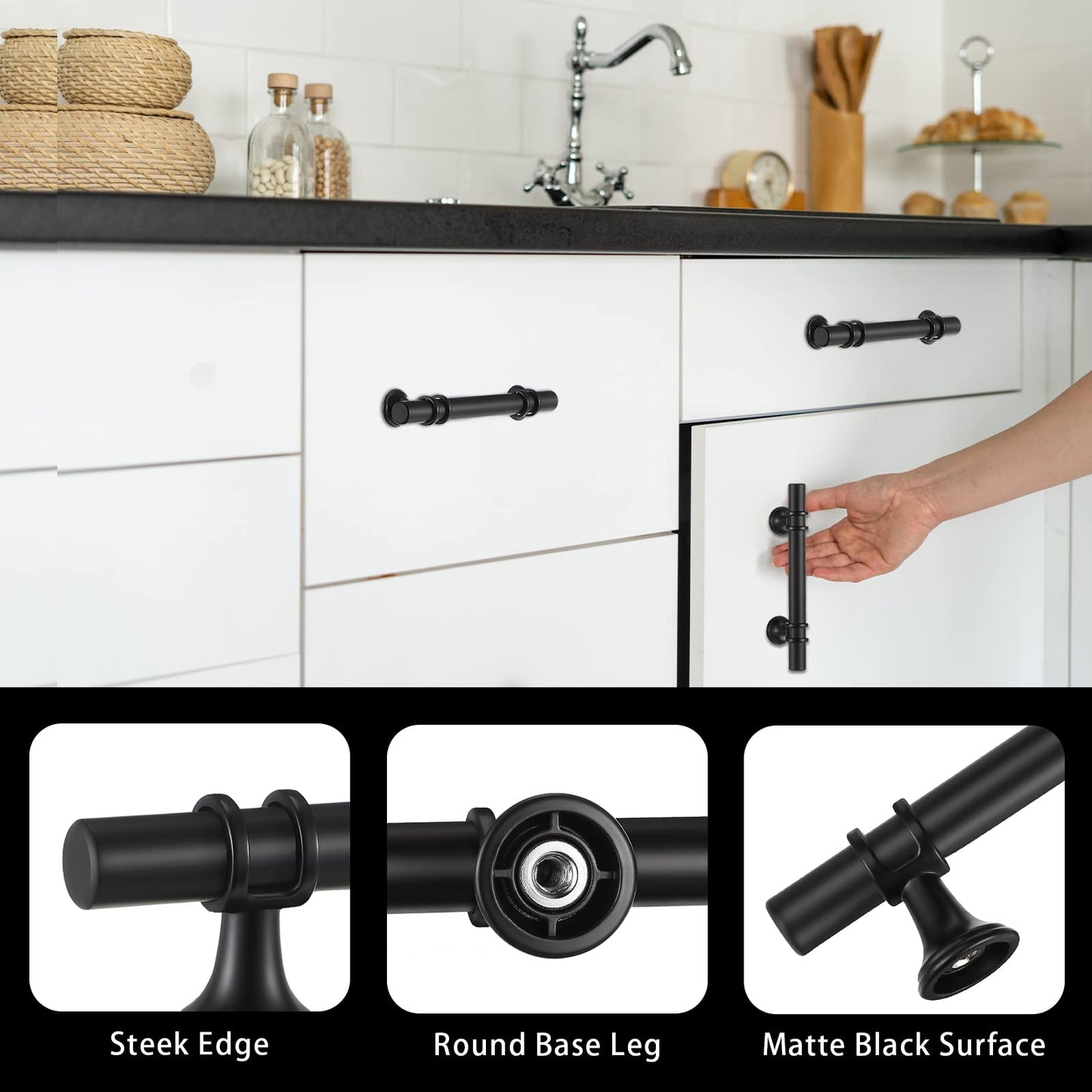 50 Pieces 5 Inch Cabinet Pulls Matte Black Kitchen Cabinet Handles Cabinet Pull with Screws Stainless Steel Cabinet Hardware for Kitchen Cupboard Cabinets Dresser Drawers, 3 Inch Hole Center