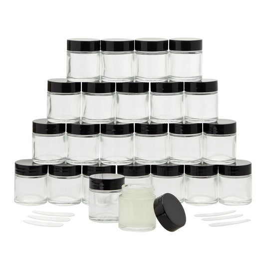 24 Pack Small Glass Containers with Lids 1 oz, Empty Jars with 6 Spatulas for Creams, Cosmetics, DIY Ointments, Mixing (30ml)