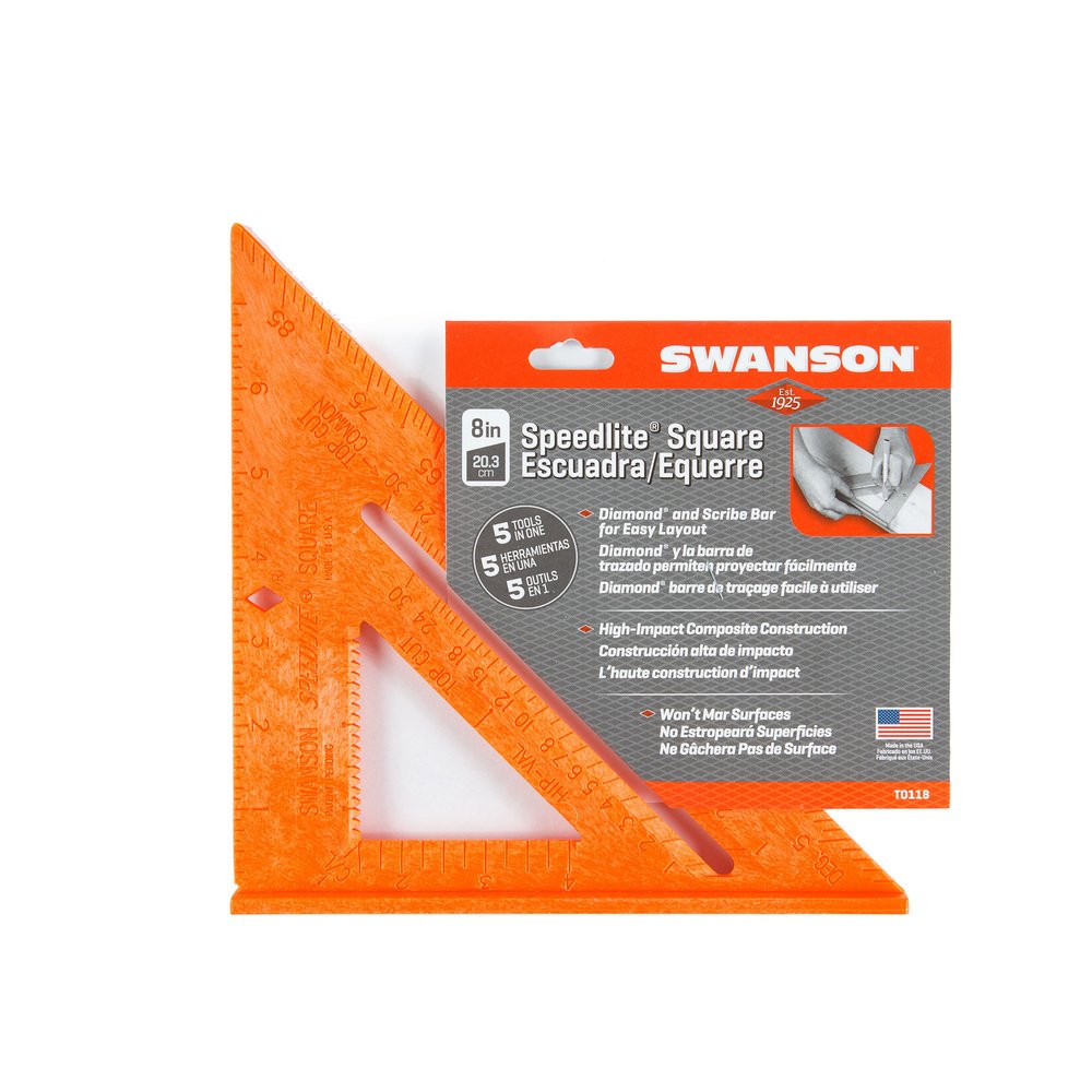 Swanson Tool Co T0118 8 inch Orange Composite Speedlite Speed Square Layout Tool, made of High Impact Polystyrene