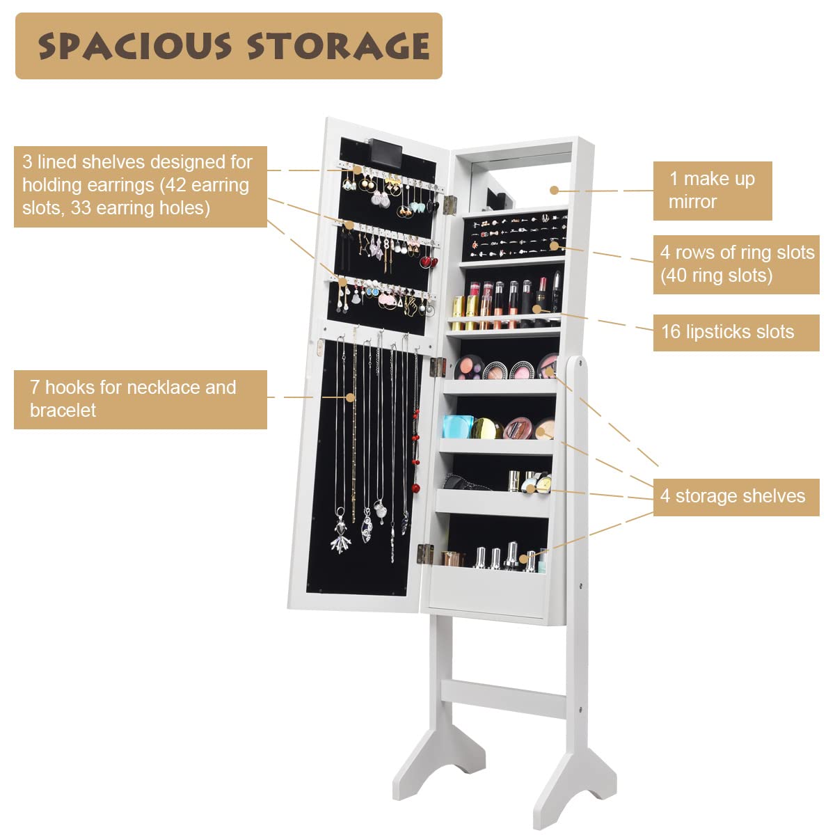 Giantex Standing Jewelry Armoire with 18 LED Lights Around the Door, Large Storage Mirrored Jewelry Cabinet with Full Length Mirror, 16 Lipstick Holders, 1 Inside Makeup Mirror (White)