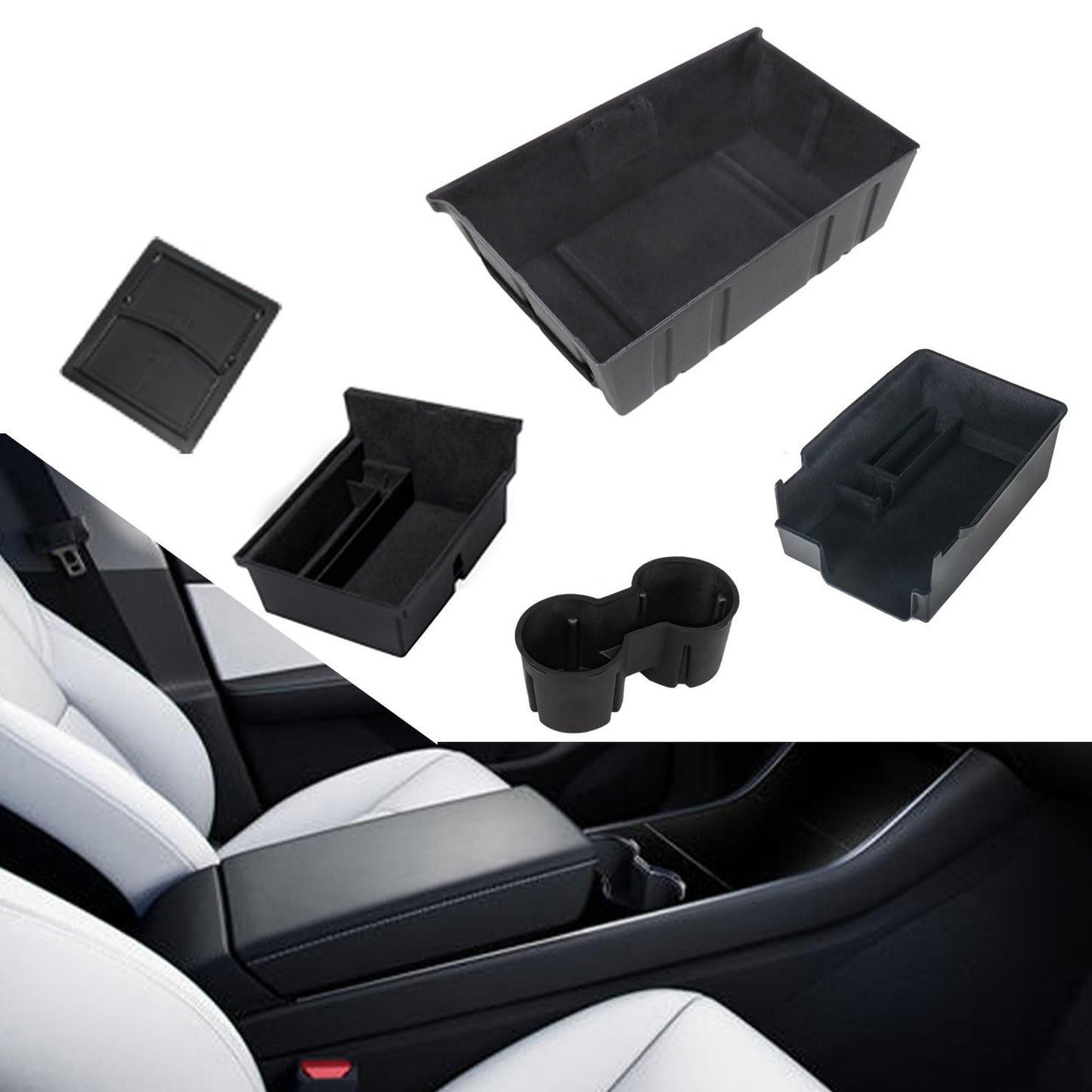 Carwiner 5 PCS Center Console Organizer Tray Compatible with 2021-2023 Tesla Model Y, Cup Holder and Under Seat Storage, Flocked/Silica Rubber Armrest Hidden Drawer Storage Box Interior Accessories