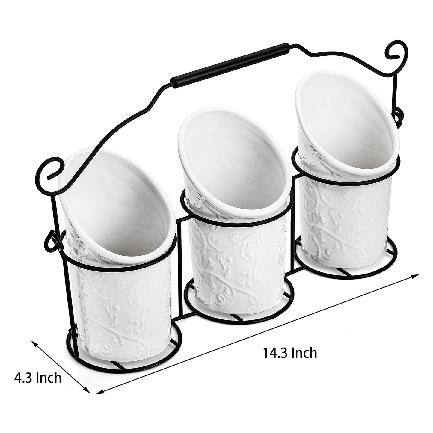 Nicunom Set of 3 Ceramic Flatware Caddy with Metal Rack, Embossed Design Kitchen Utensil Holder Silverware Organizer Cutlery Holder Kitchen Tool Crock for Countertop Decor and Organization