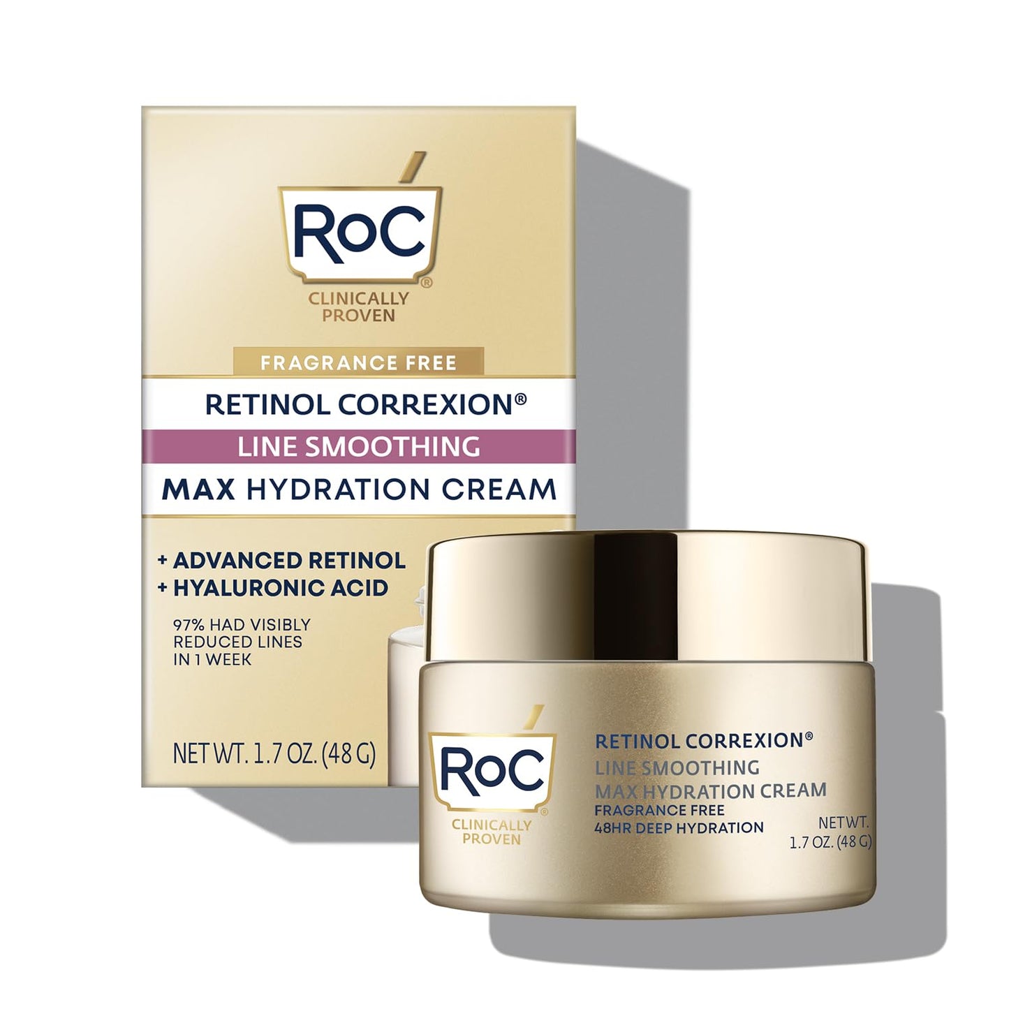 RoC Retinol Correxion Max Hydration Anti-Aging Daily Face Moisturizer with Hyaluronic Acid, Fragrance-Free, Oil Free Skin Care, 1.7 Ounces (Packaging May Vary)