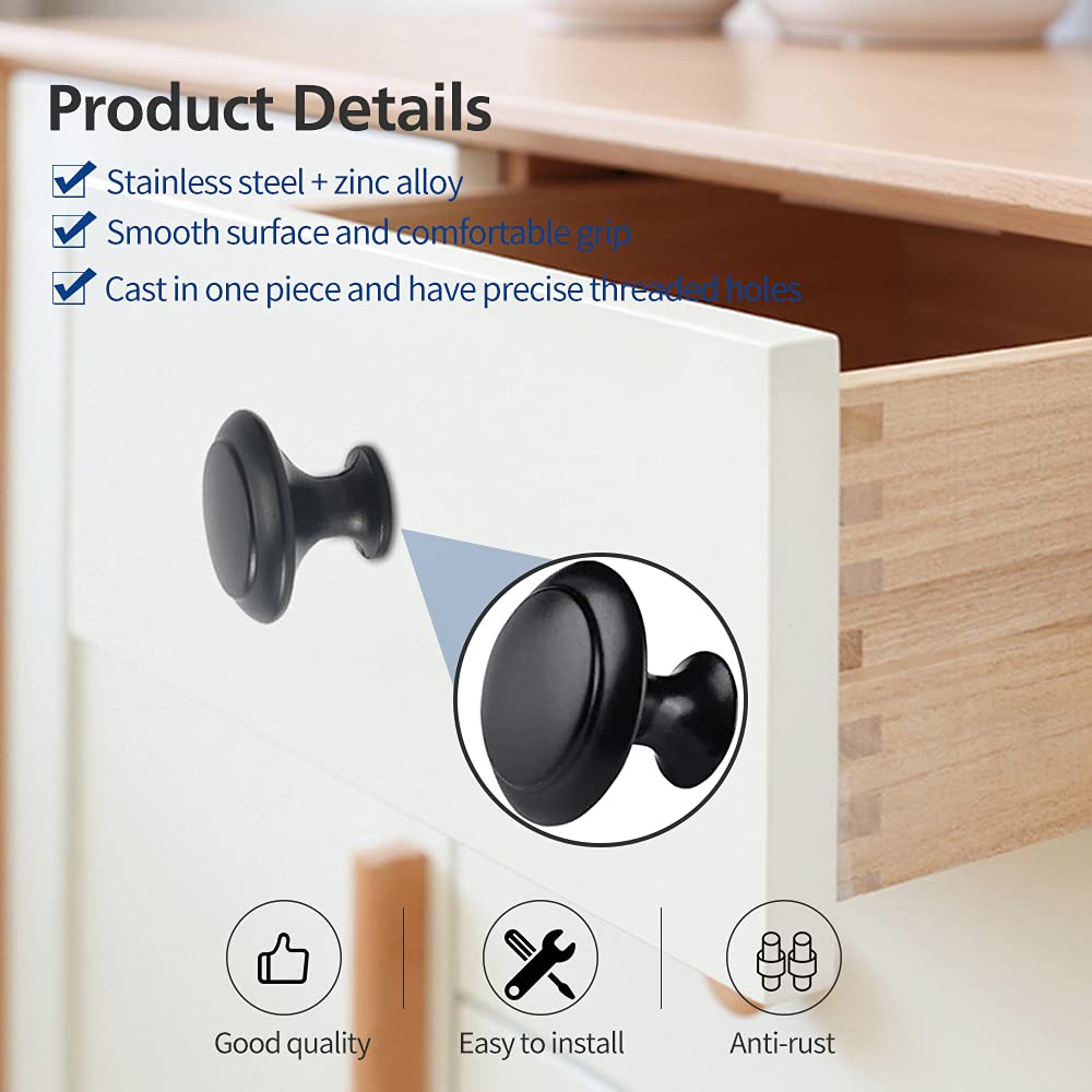 LFSEMINI Round Cabinet Knobs, 30/60pcs Drawer Knobs, 1.1in Door Knobs Matte Black Stainless Steel Round Cabinet Pulls with 30 Short Screws & 30 Slub Screws, for Kitchen, Bathroom(30pcs Knobs)