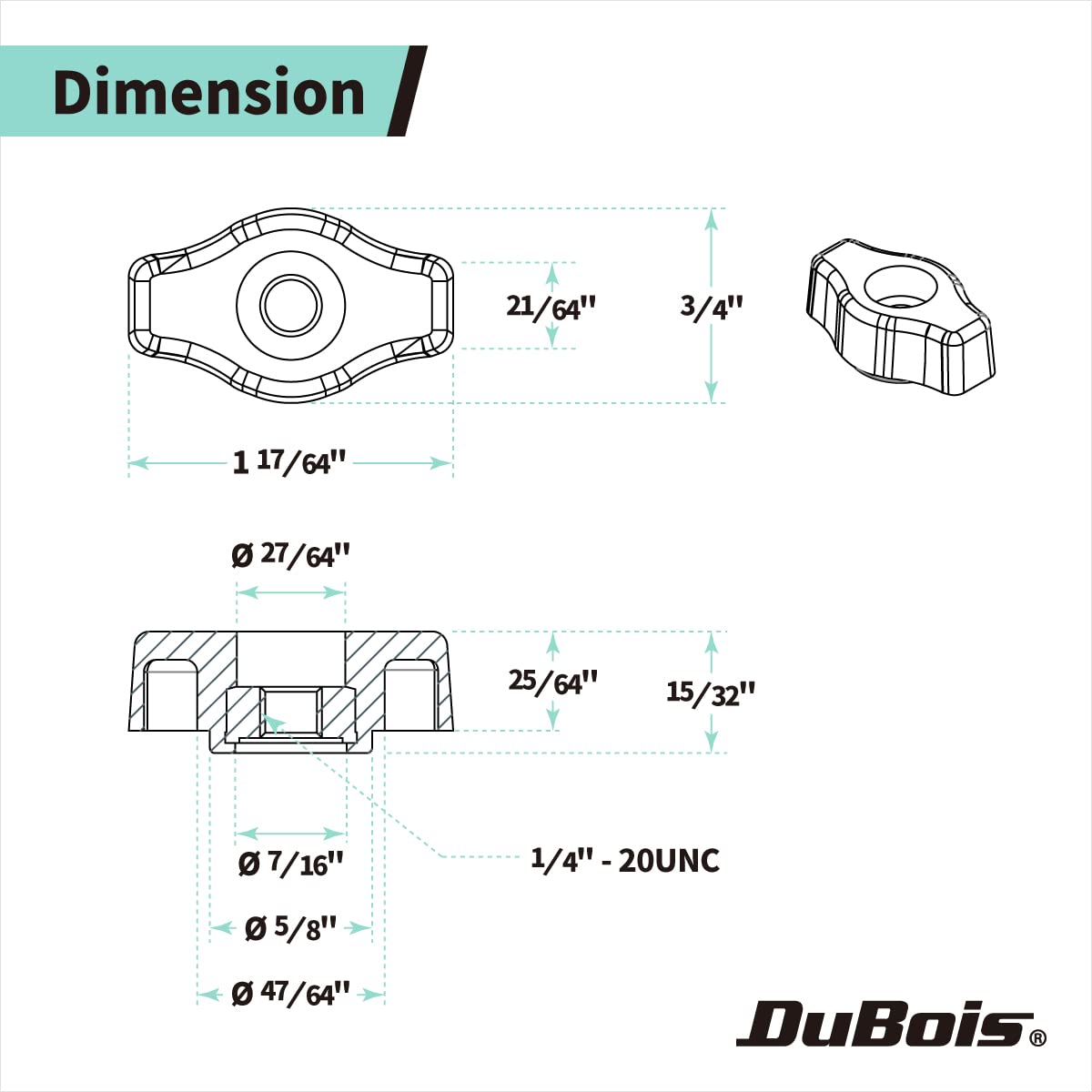 DuBois 51001 Wing Knobs, 1-1/4" Head Length, 1/2" Depth, 1/4-20 Through Hole, 10 PK