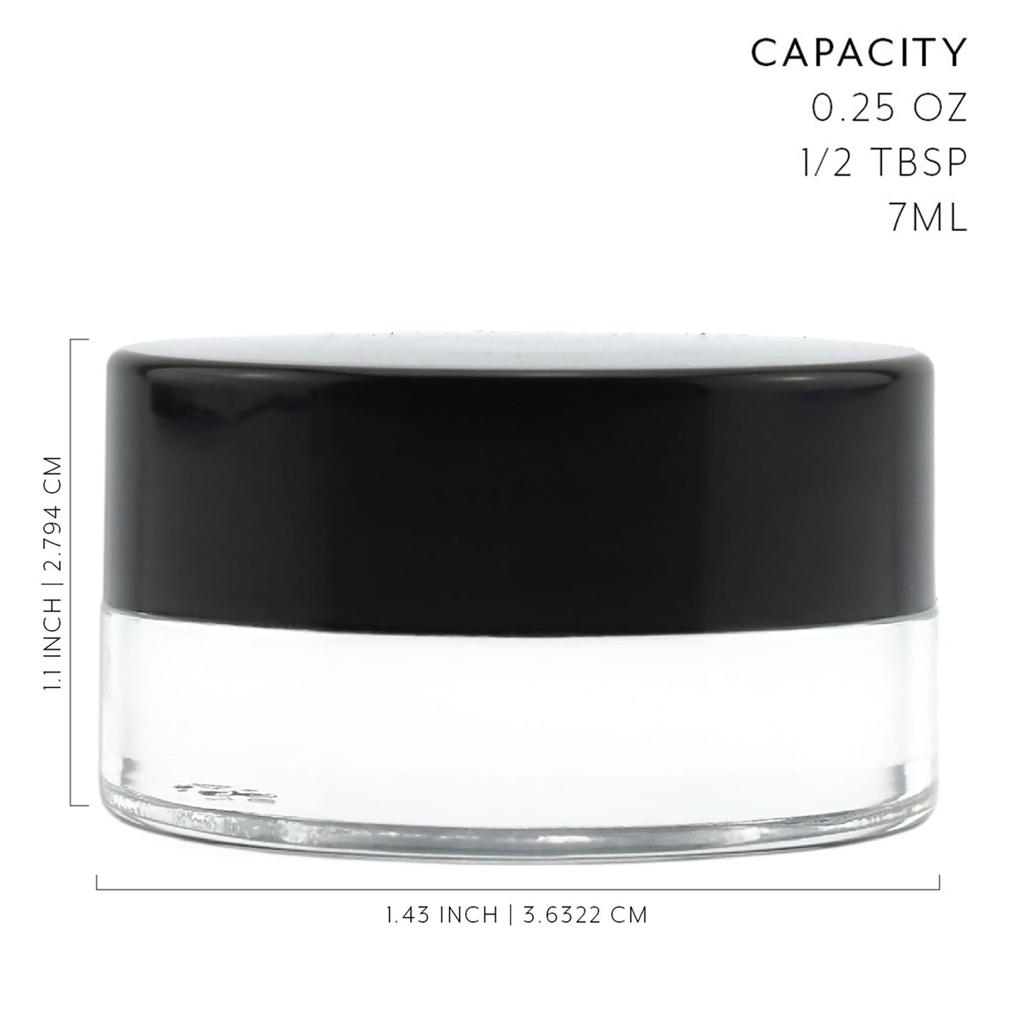 Cornucopia 7-Milliliter Clear Glass Balm Jars (12-Pack); 1/4 oz Cosmetic Jars with Lined Black Plastic Lids