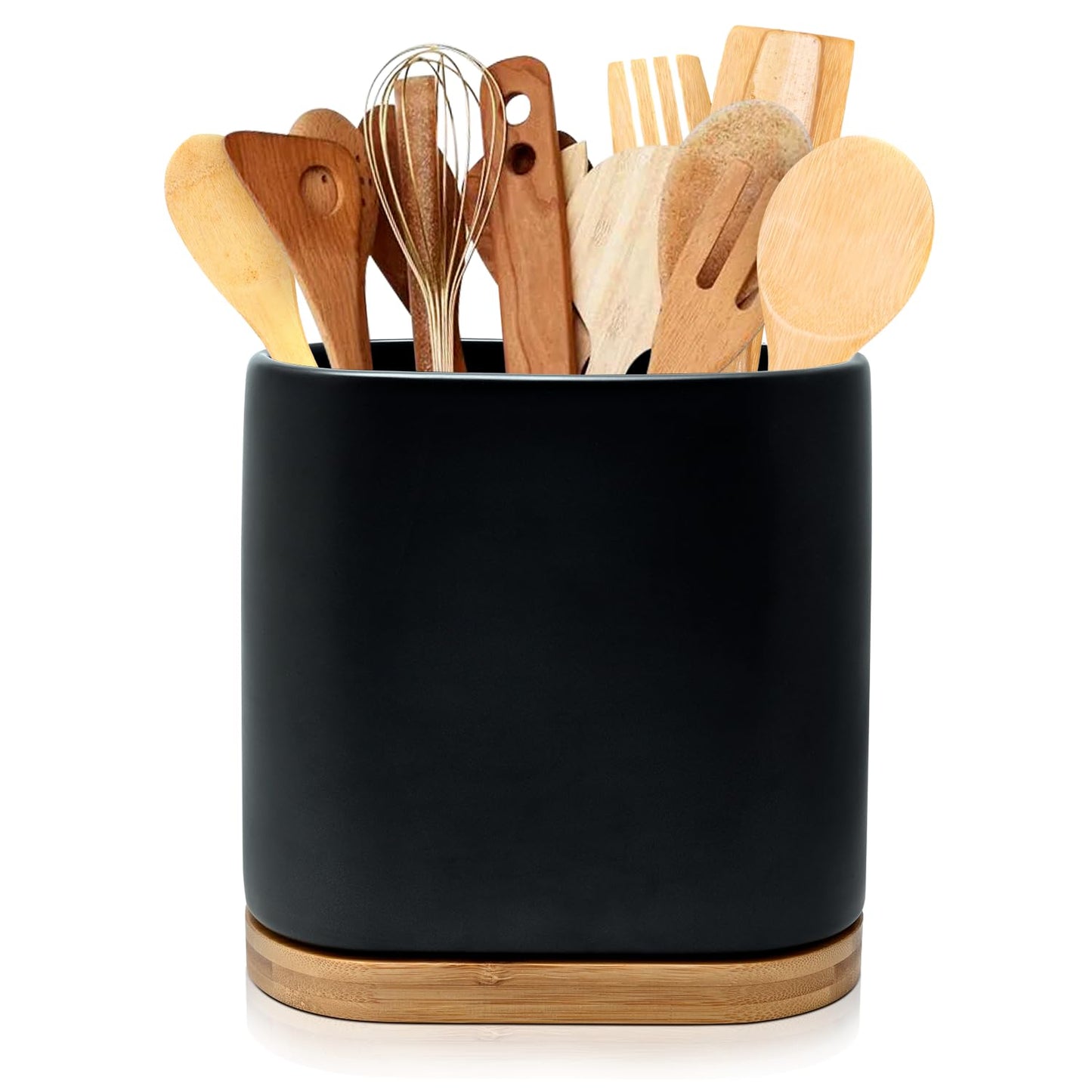 VIREESR Large Ceramic Utensil Holder for Countertop,Kitchen Utensil Holder with Bamboo Wooden Base,Cooking Utensil Holder,Easy to Clean,Black Tool Crock,Kitchen Tool Holder for Spatulas and Spoons