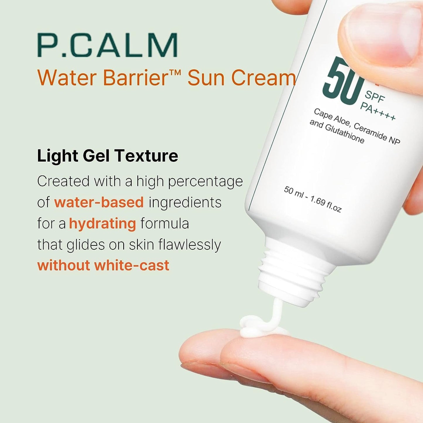 PCALM Water Barrier Moisturizing Sun Cream Non-greasy No White Cast Light-Weight SPF 50+ PA++++ Vegan Calming Moisture Daily Sunscreen Reef-Safe UVA UVB Dry Oily Sensitive Skin Korean Skincare