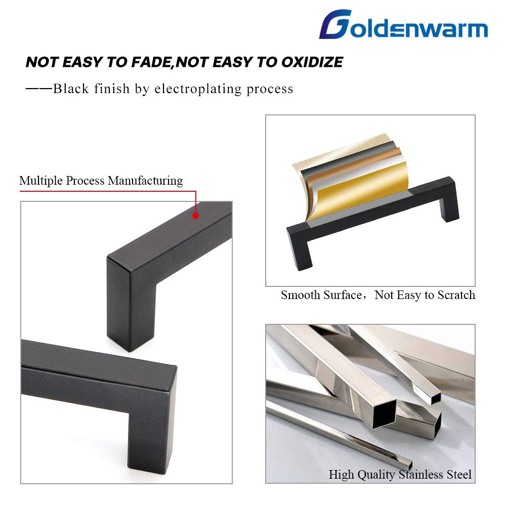 goldenwarm 10 Pack Black Square Bar Cabinet Pulls Black Drawer Handles Stainless Steel Modern Hardware for Kitchen and Bathroom Black Drawer Pulls,Center to Center 5in(128mm) Kitchen Cupboard Handles