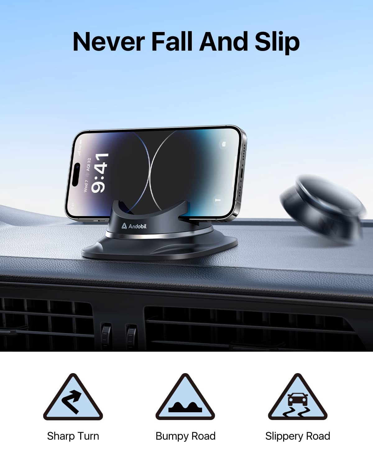 andobil 2023 Upgraded Dashboard Phone Holder Car, Non-Slip Phone Pad for Car 360° Rotatable Silicone Car Phone Mount, Desk Phone Stand Compatible with iPhone, Samsung, Android, GPS, Car Accessories